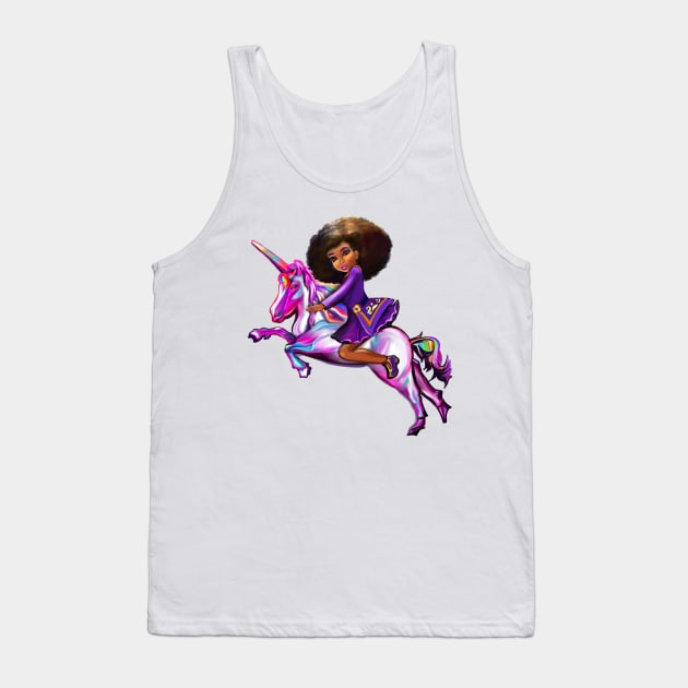 Afro hair Princess anime girl on a unicorn pony, lit up- black girl with curly afro hair on a horse Tank Top by Artonmytee